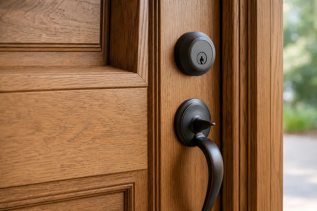 Exemple : porte d'entrée bois avec vitrage sécurisé en Suisse romande