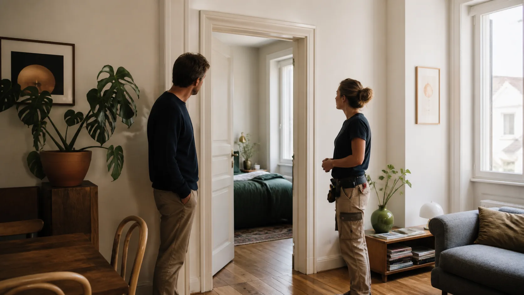 Propriétaire et menuisière observant une ouverture intérieure dans un appartement lumineux