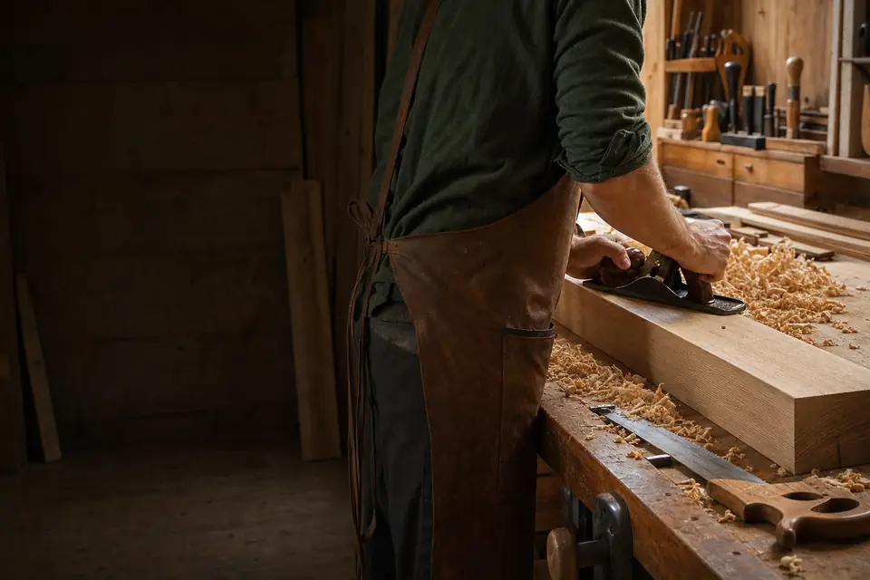Menuisier rabotant une pièce de bois sur un établi en atelier